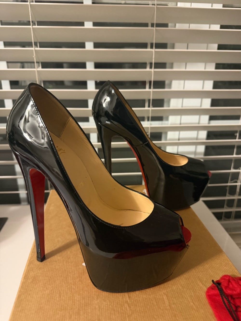 Christian Louboutin Black Patent Platform Peep-Toe Stilettos with Red Soles